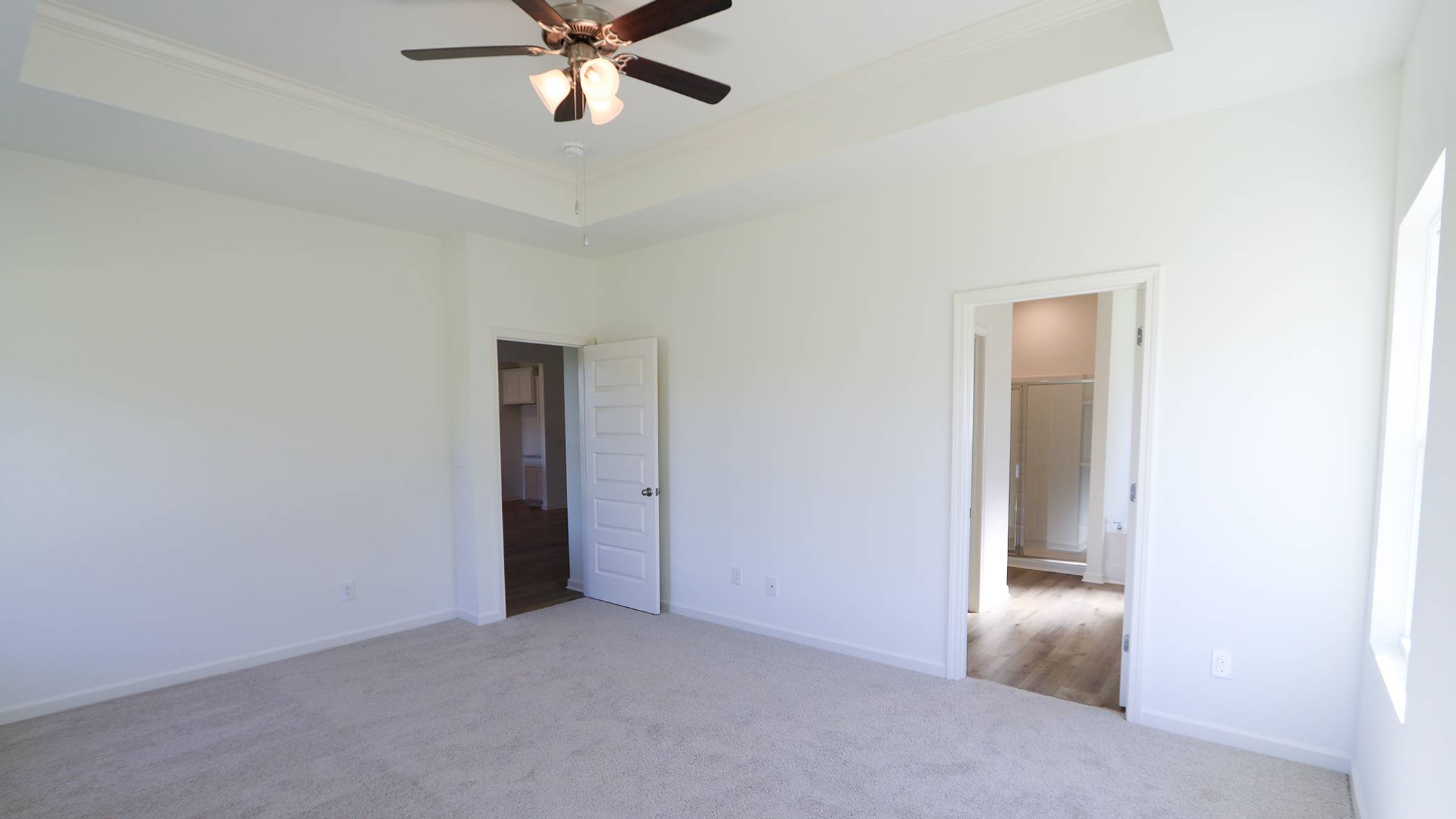 Empty room with carpet, ceiling fan, and two open doors leading to other rooms.