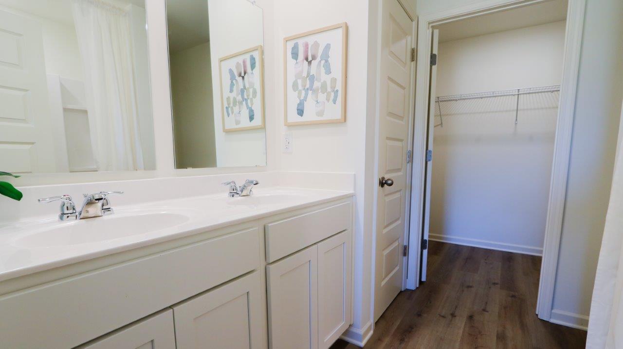 The primary bedroom features a spacious walk-in closet located at the back of the bathroom. This walk-in closet provides ample space for storing clothes and accessories.