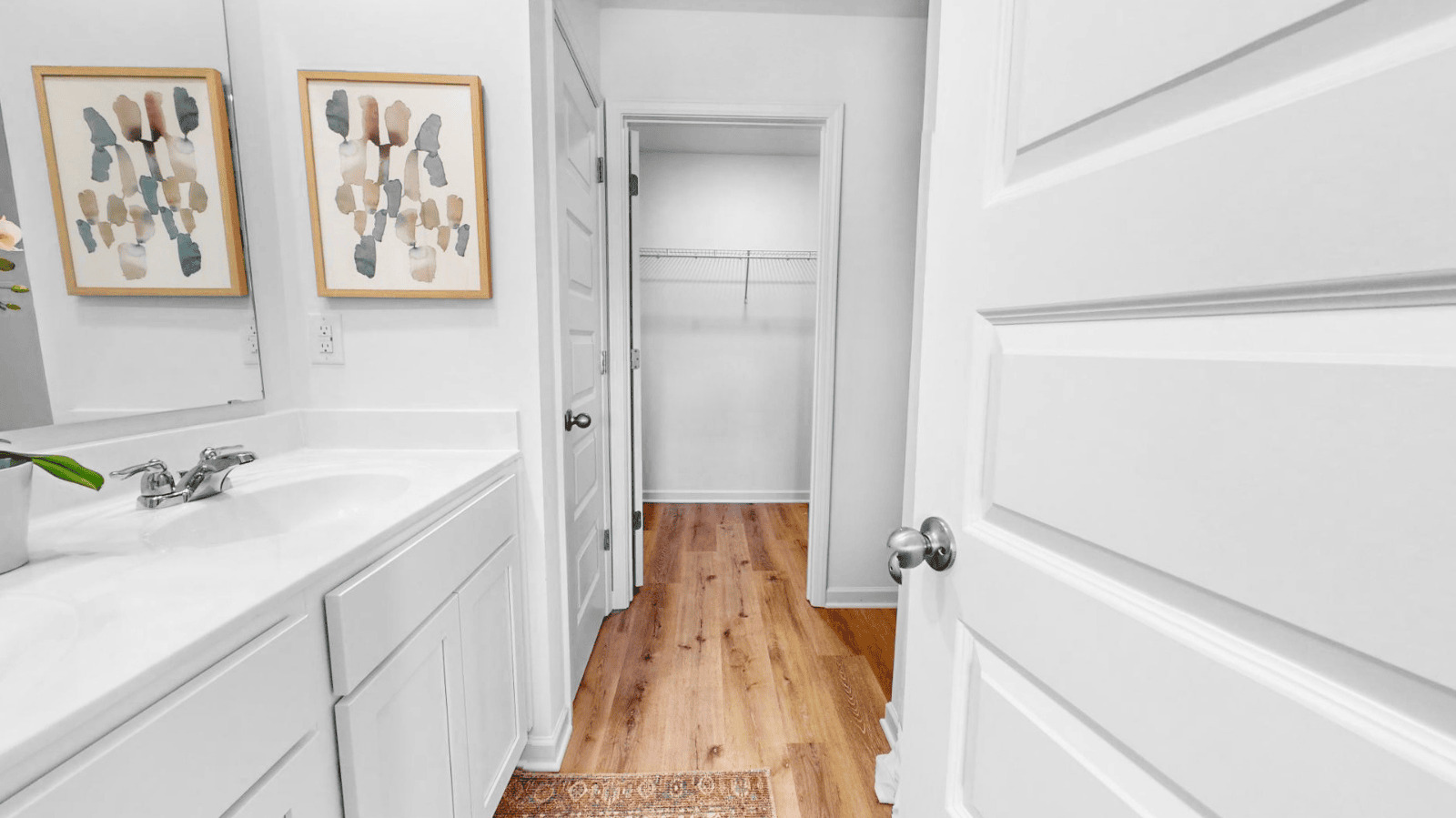 The primary bedroom features a spacious walk-in closet located at the back of the bathroom. This walk-in closet provides ample space for storing clothes and accessories.