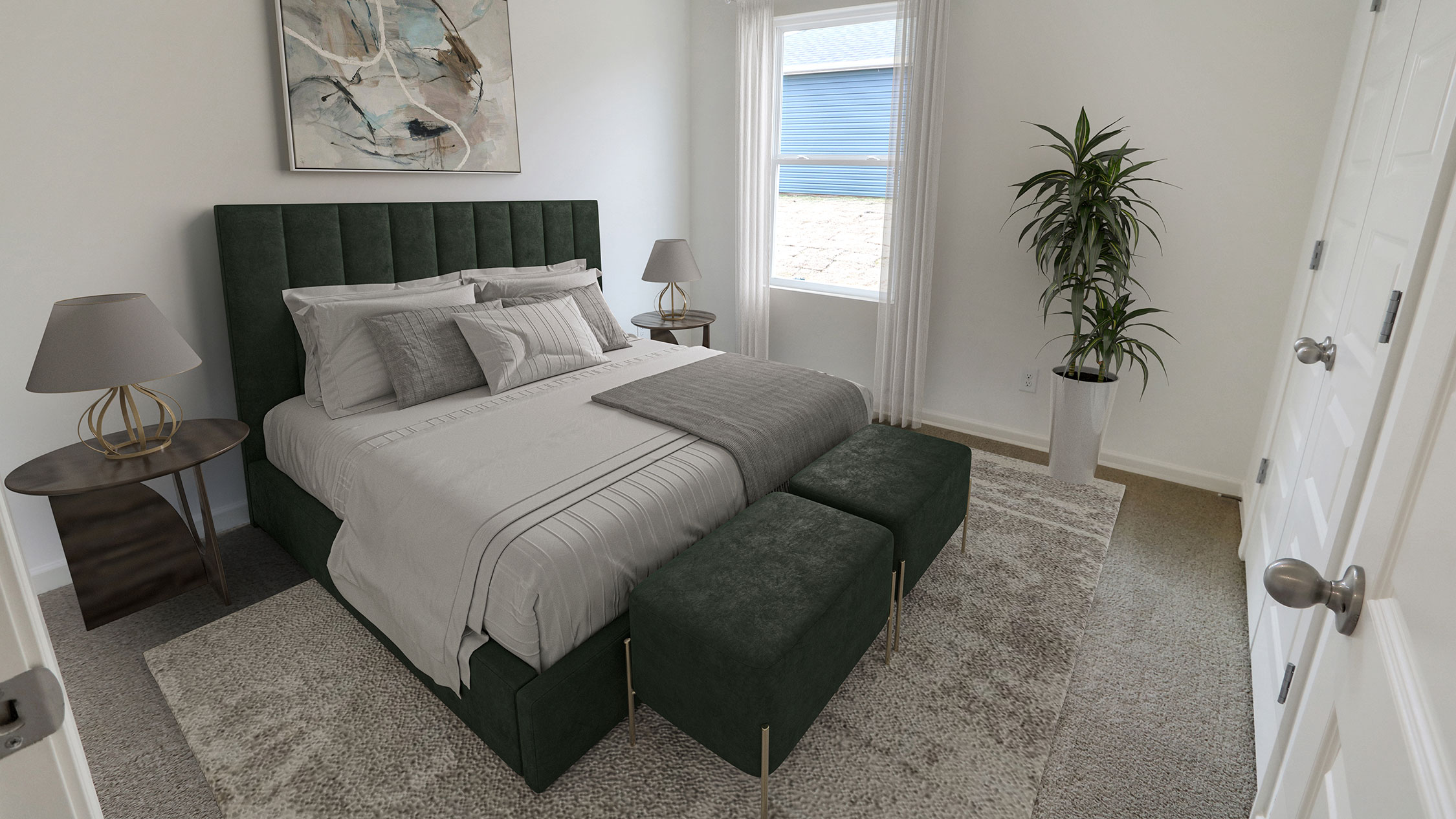 A serene bedroom featuring a green bed against crisp white walls, creating a fresh and inviting atmosphere.   2. A cozy bedroom showcasing a green bed complemented by clean white walls, offering a tranquil and stylish environment.   3. A bright bedroom with a green bed set against white walls, providing a refreshing and peaceful ambiance.