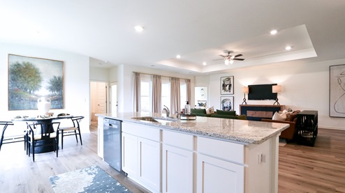 Destin – Living Room – 1 – the open concept living room, formal dining room, kitchen and breakfast nook are shown with the trey ceilings