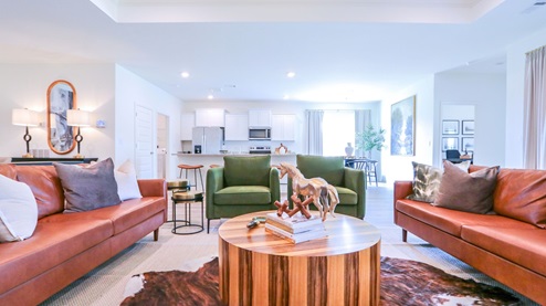 Destin – Living Room – 1 – the open concept living room, formal dining room, kitchen and breakfast nook are shown with the trey ceilings