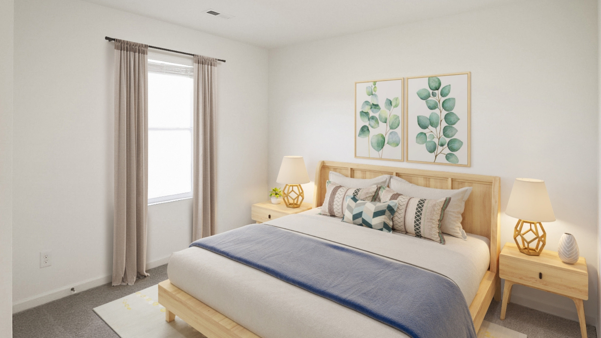 A spacious empty room featuring white walls and soft carpeting, creating a bright and airy atmosphere.