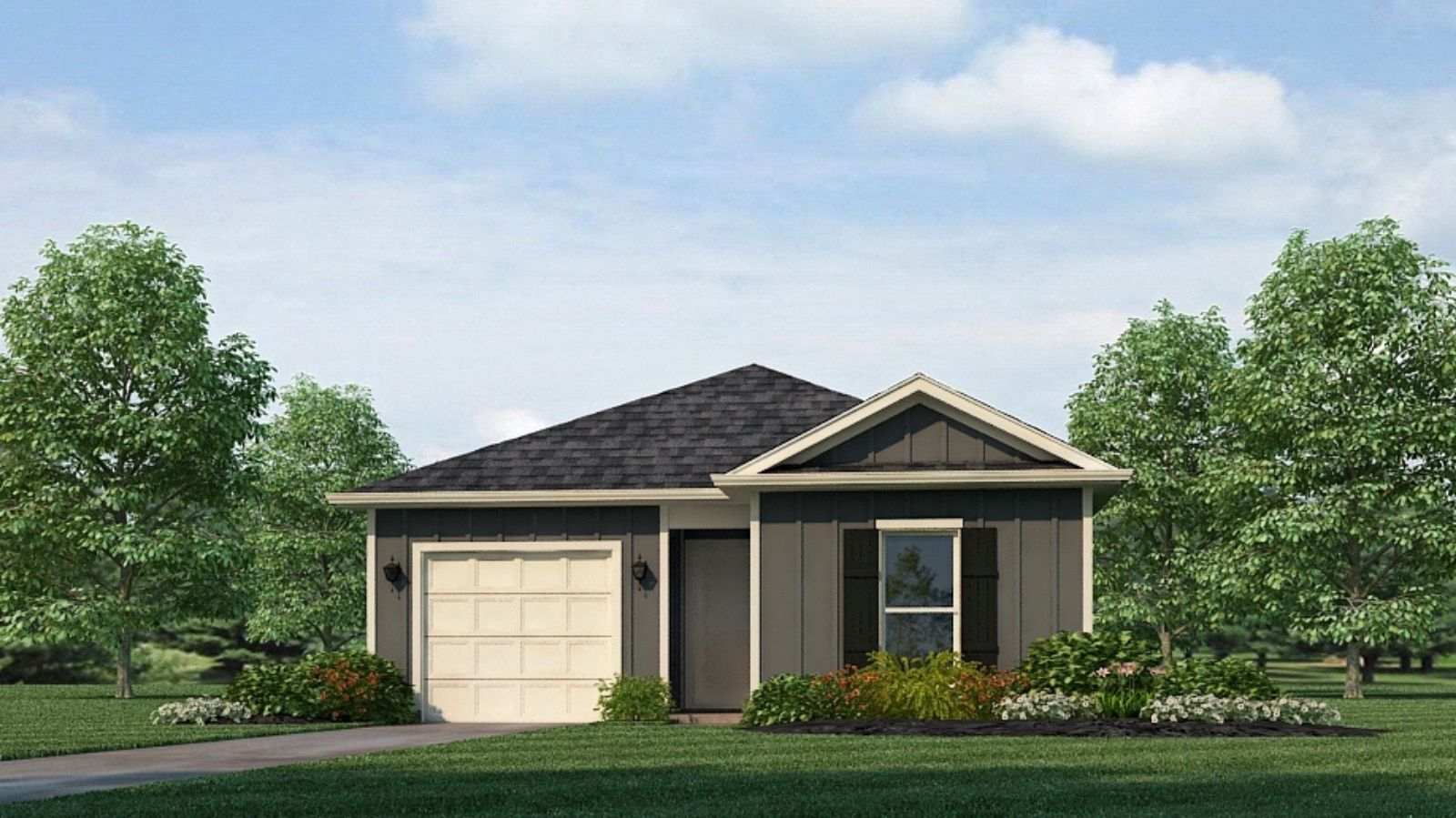 Rendering of our Bowen plan just around 1,500 square feet, this beautiful single- story home offers 4-bedrooms with 2-bathrooms, and a 1-car garage.