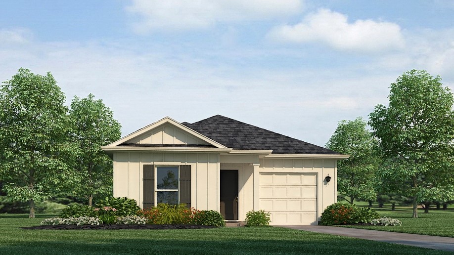 Rendering of the Poppy Plan, a spacious 3-bedroom, 2-bathroom home spanning 1,281 square feet and featuring a single car garage.