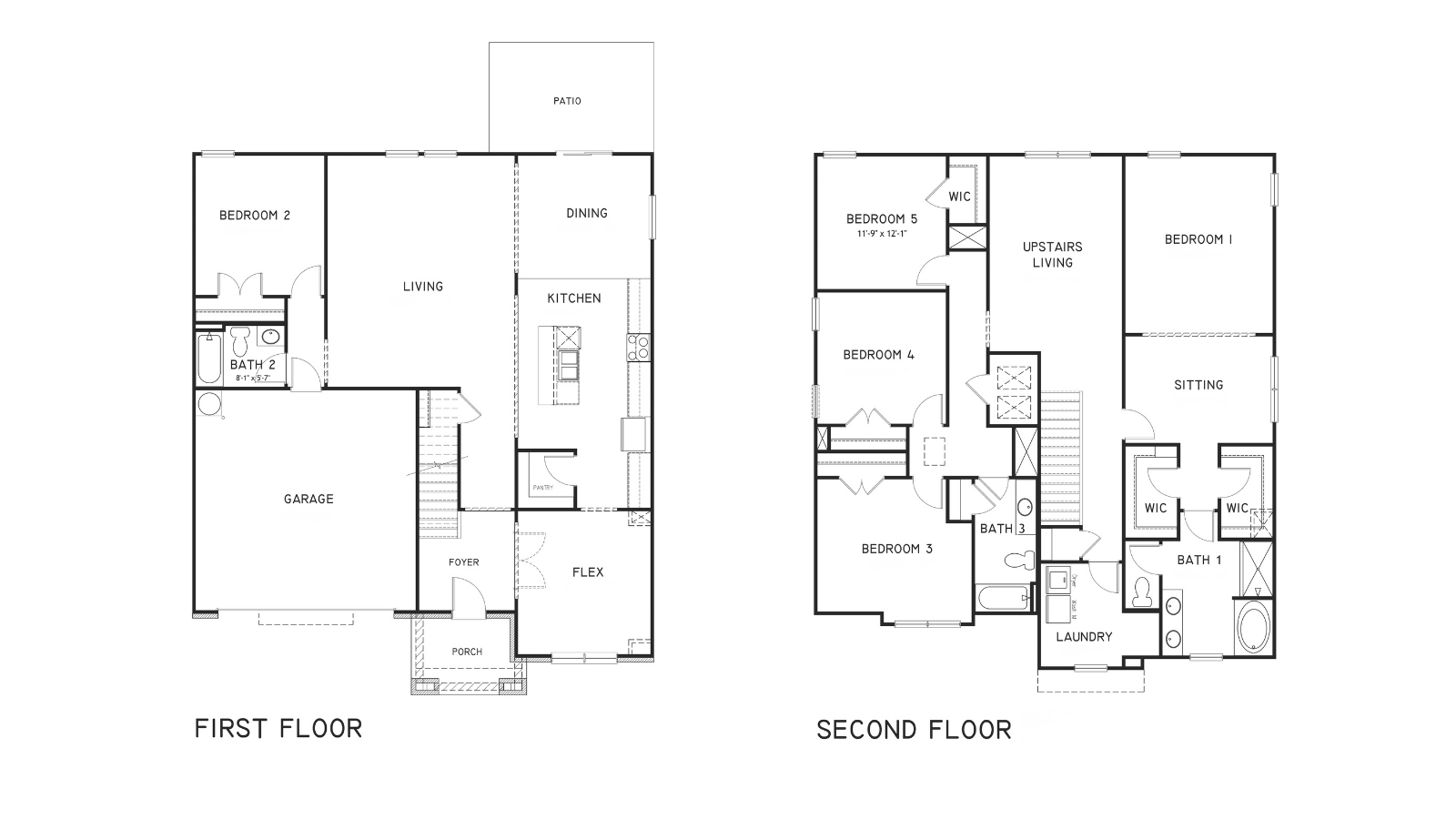 A top down floorplan view of both stories of our 5 bedroom, 3 bathroom, 3,233 square foot Halton plan.