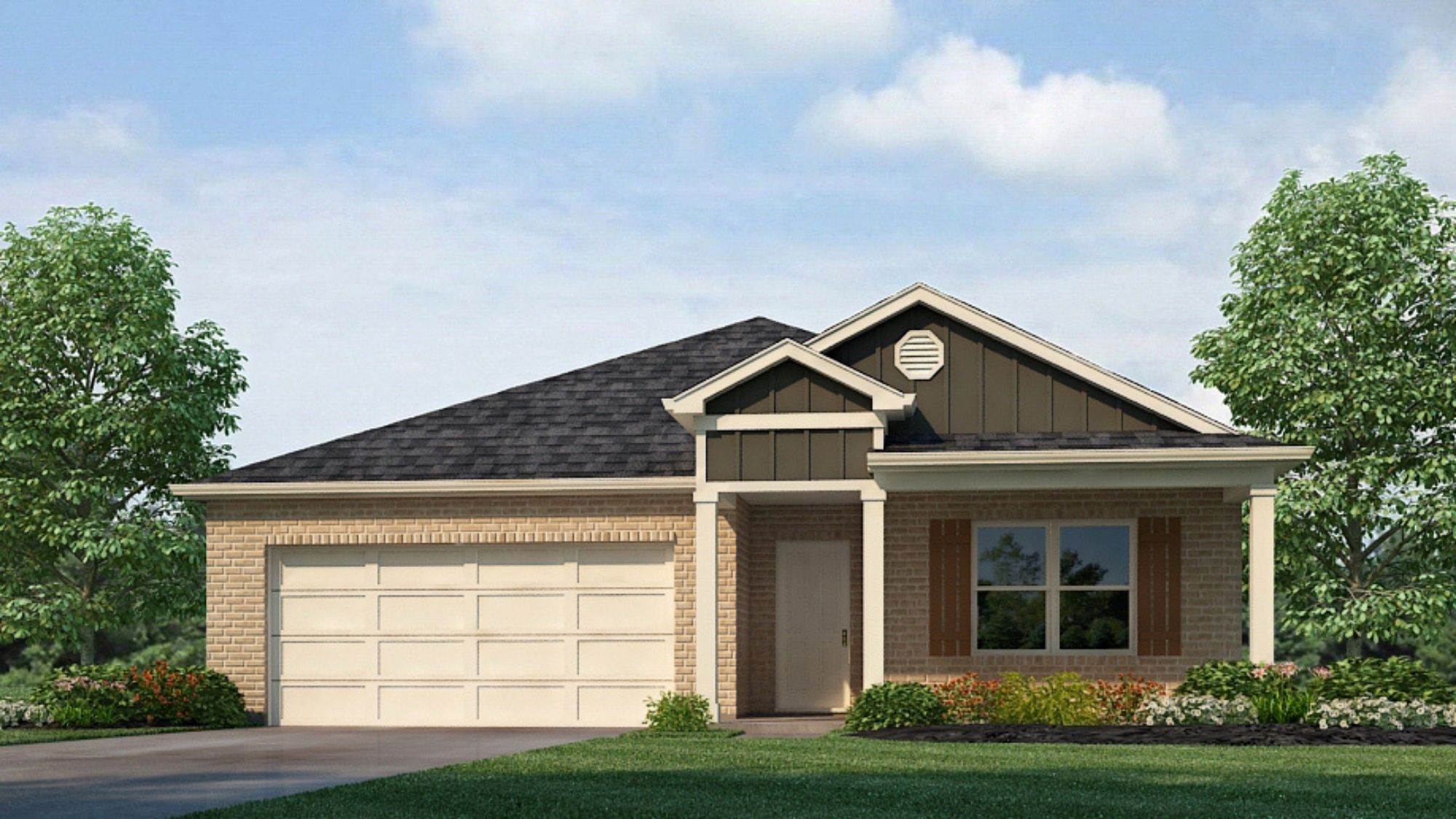 Rendering of our Cali plan featuring a seamless open layout just under 1,800 square feet, this beautiful single- story home offers 4-bedrooms with 2-bathrooms, and a 2-car garage.