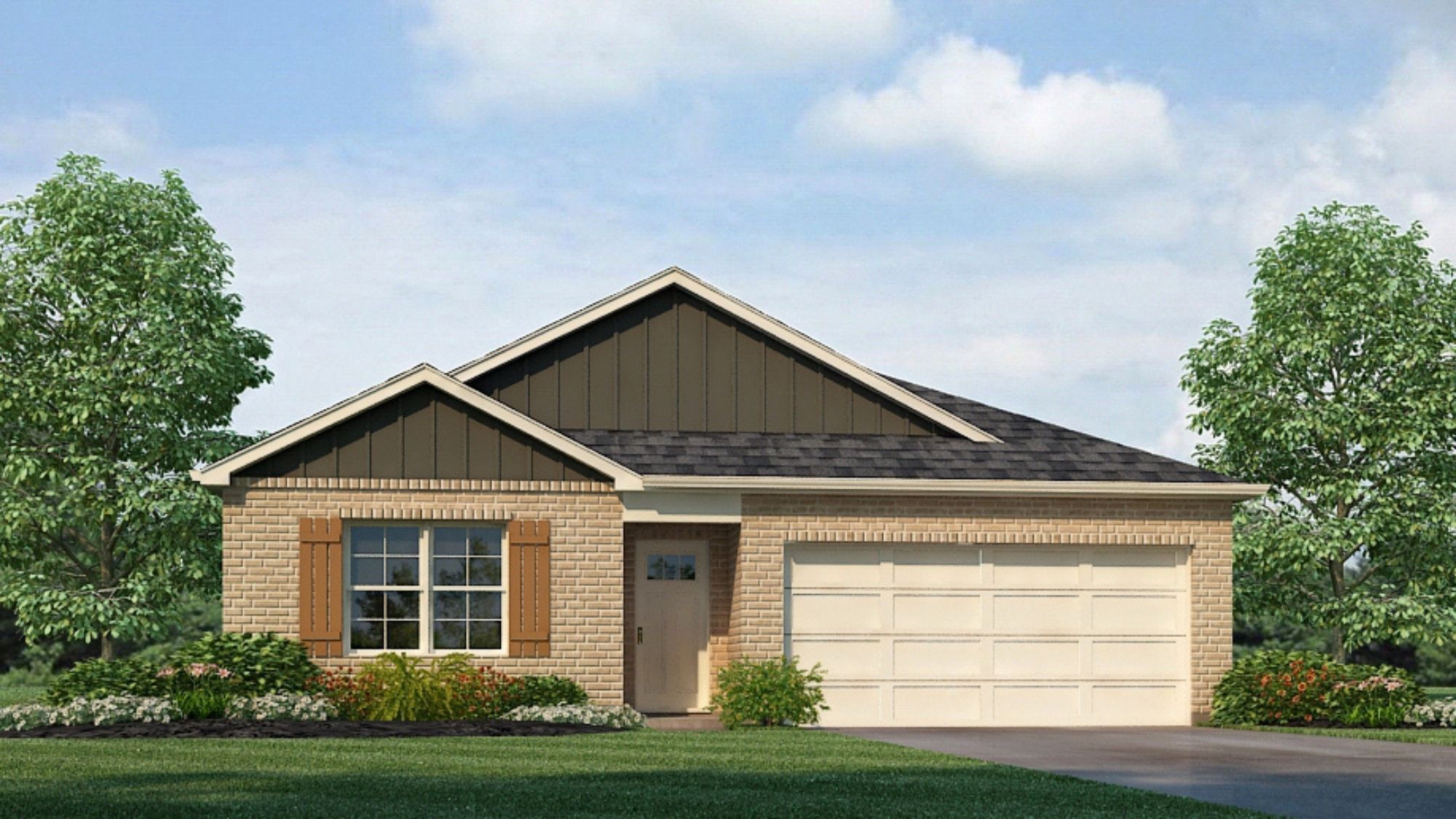 Rendering of our Freeport plan offering 4 bedrooms and 2 bathrooms spread across 1,497 square feet all on one level, and a two-car garage for your convenience.