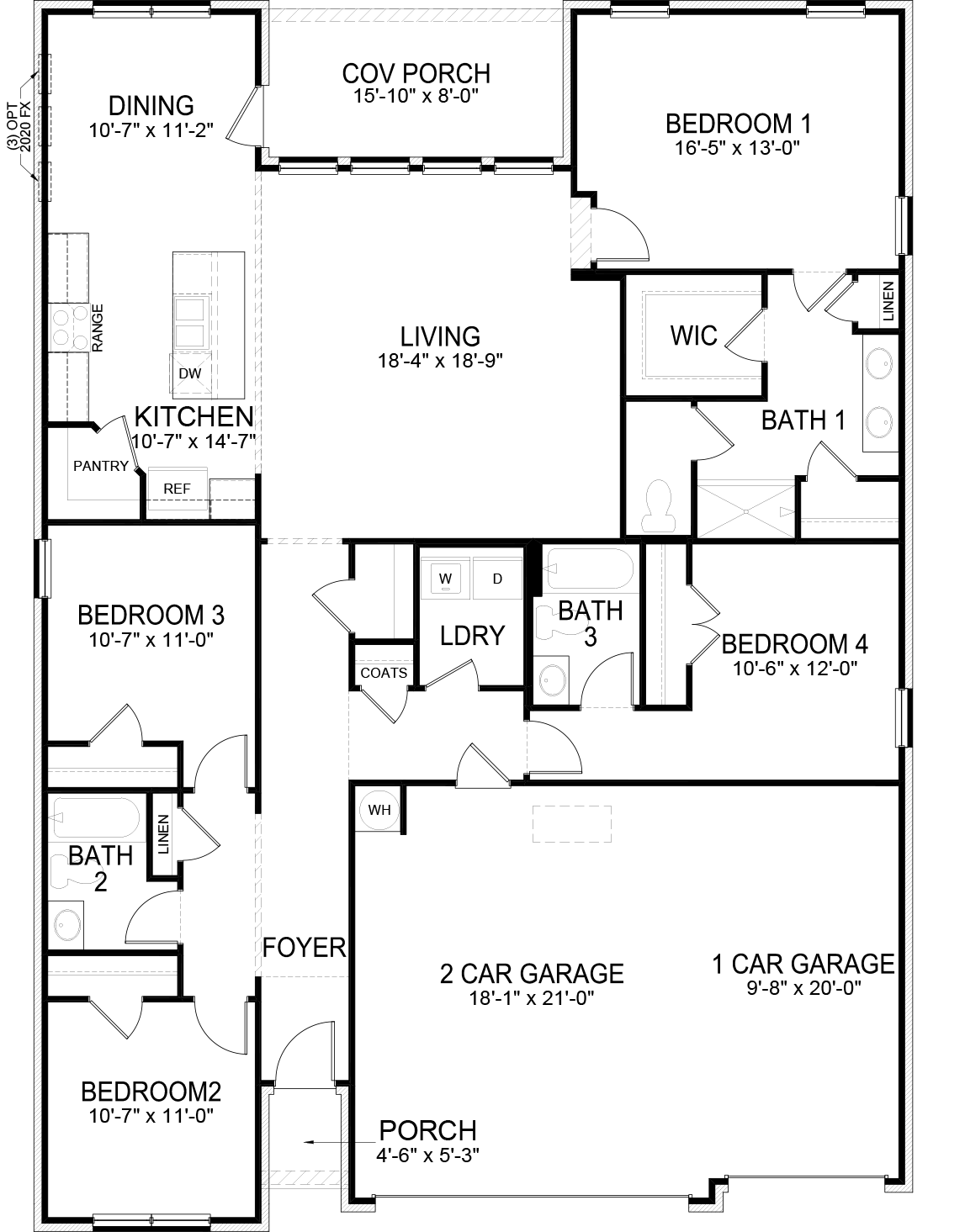 Madison floorplan is a single-story plan with four bedrooms, three bathrooms, and a three-car garage at 2,019 square feet.