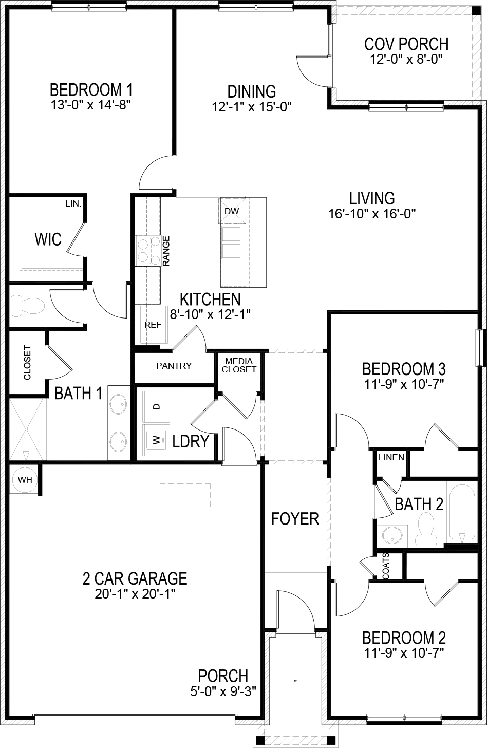 Aria floorplan is a single-story plan with three bedrooms, two bathrooms and a two-car garage at 1,628 square feet.