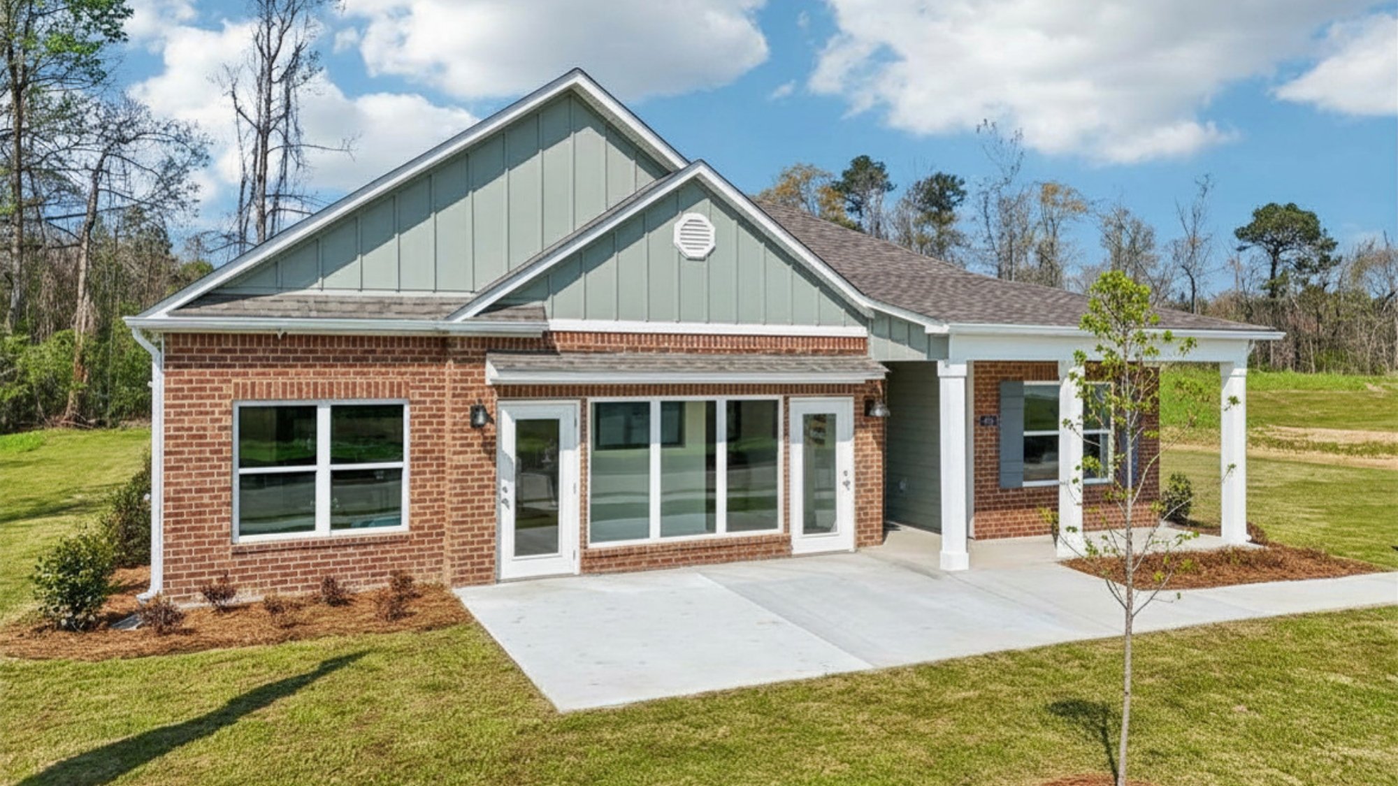 High point model home featuring light brown brick, fresh sod and a bright blue sky