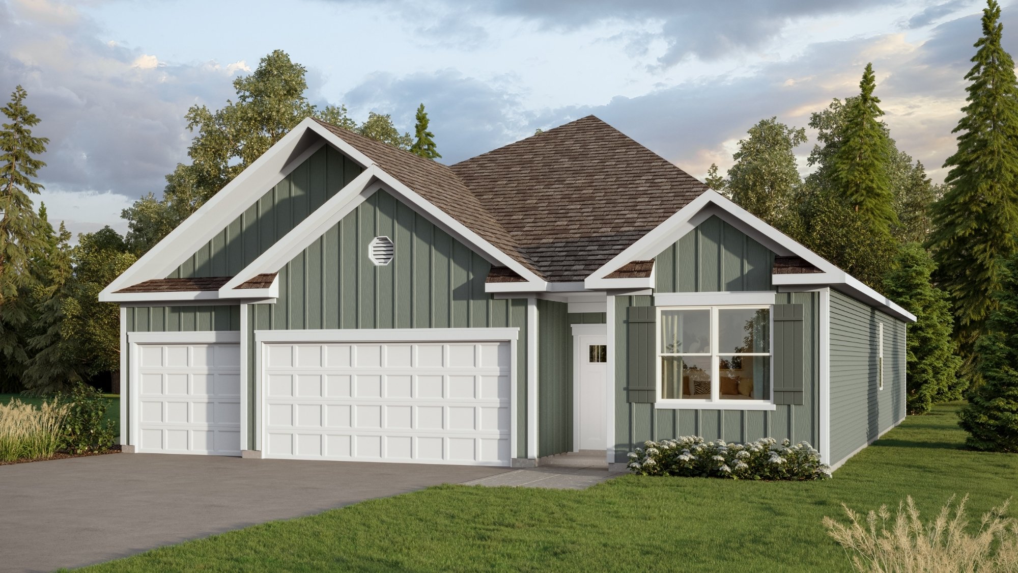 Rendering of the Madison plan, this beautiful single-story home is just under 2,000 square feet in size offering 4 bedrooms and 3 bathrooms, along with a 3-car garage.