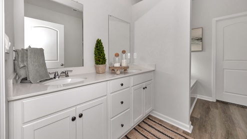 Primary bath with painted cabinets and quartz countertops