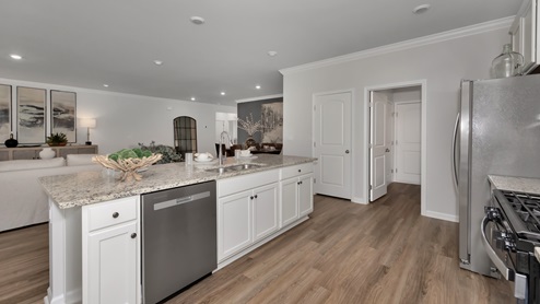 Kitchen island with view of dining / living room area