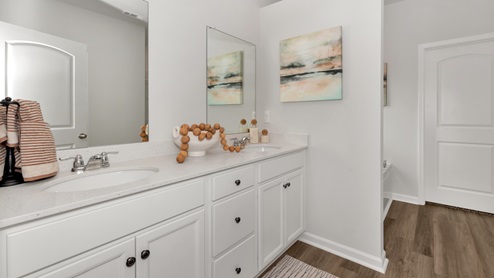 Primary bath with painted cabinets and quartz countertops