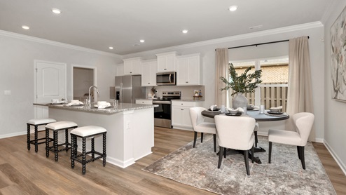 Kitchen island with view of dining / living room area