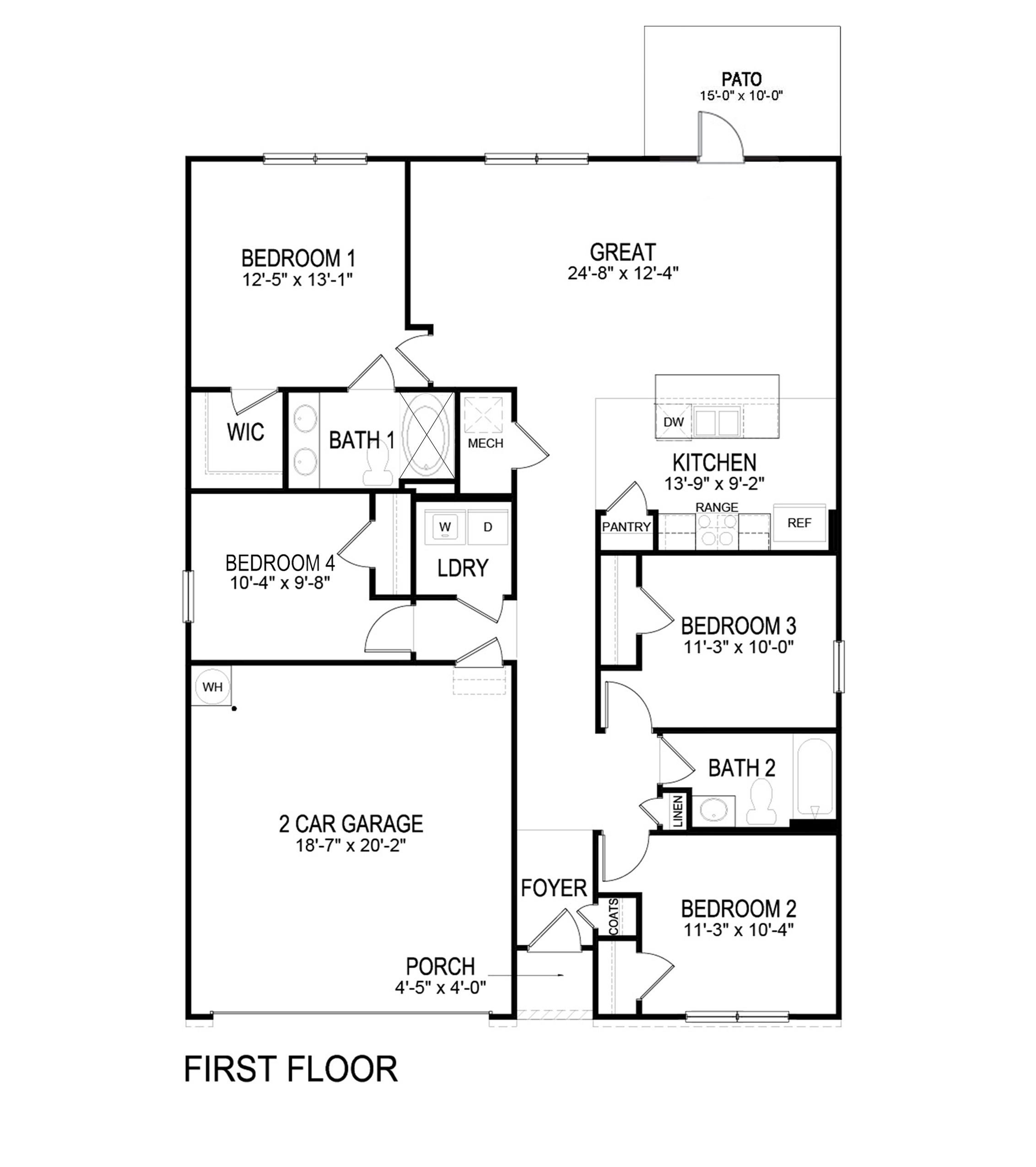 Freeport Floorplan layout. 2-car garage, four bedrooms and two bathrooms. Entrance hall opens to two bedrooms and a bathroom to the side. Continue down the hall to find the laundry room and third bedroom on the opposite side. Further down the hall opens to the kitchen and Great room. Primary bedroom in the back of the home past the great room with shower, two sinks and a walk-in closet.