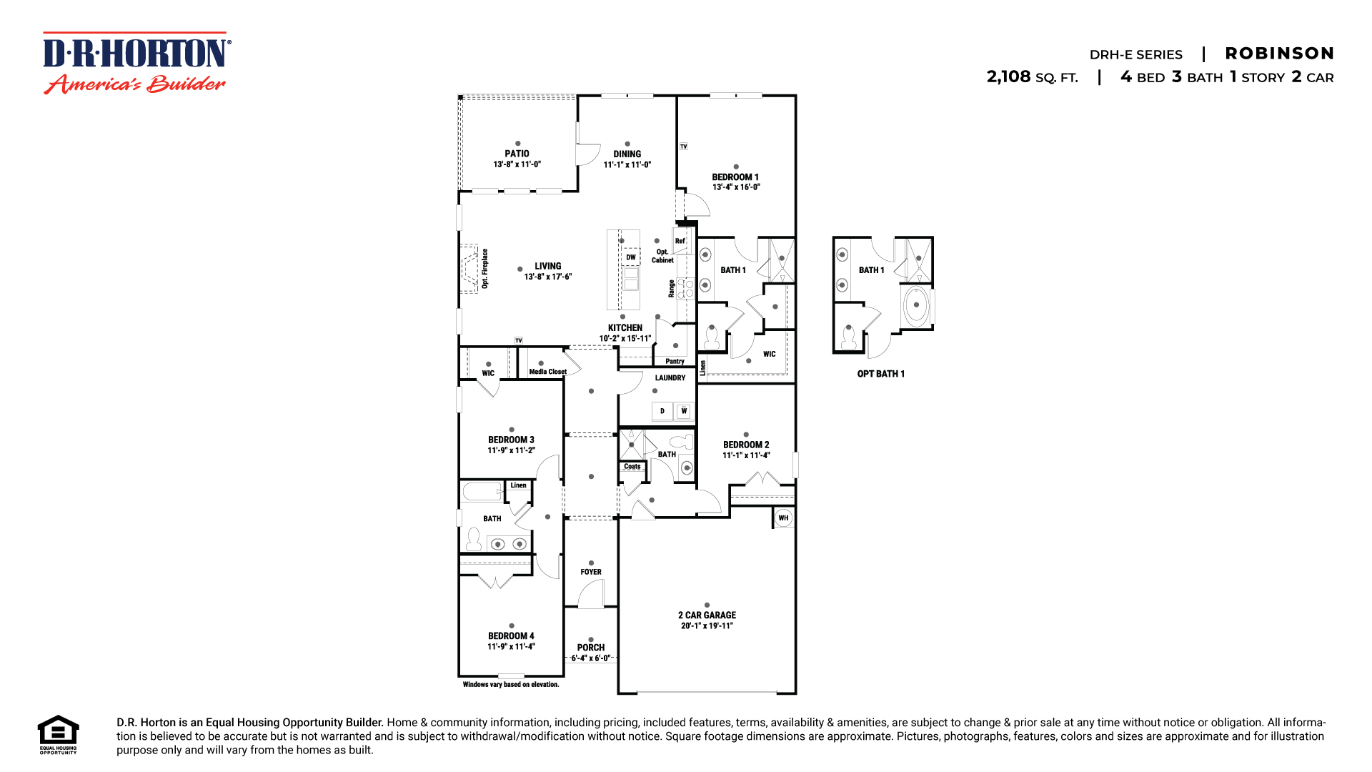 Robinson floorplan is a single-story plan with four bedrooms, 3 bathrooms, 2-car garage at 2,108 sq. ft.