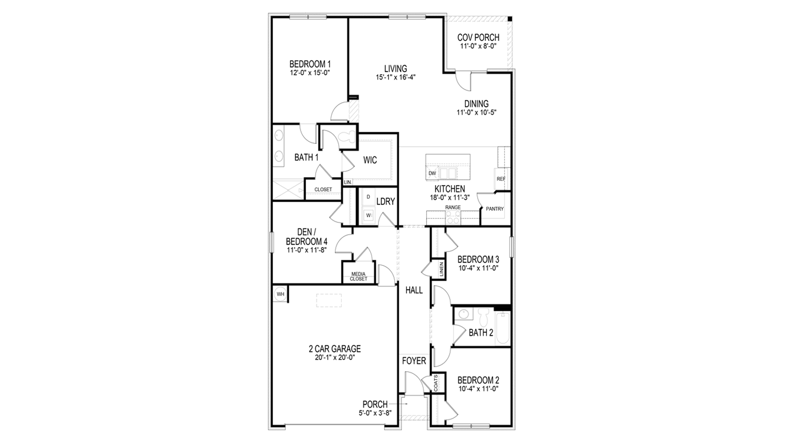 Cali floorplan is a single-story plan with four bedrooms, 2 bathrooms, and a two-car garage at 1,841 square feet.