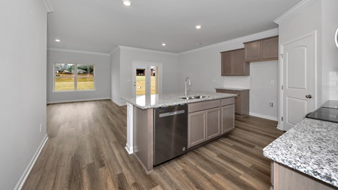 Kitchen island with view of dining / living room area