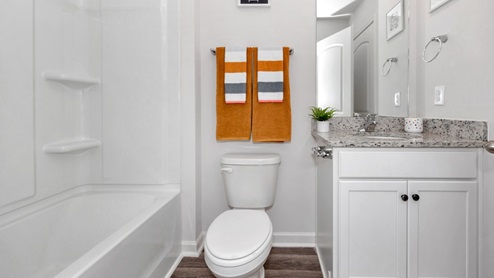 Secondary bathroom with painted cabinets and quartz countertops