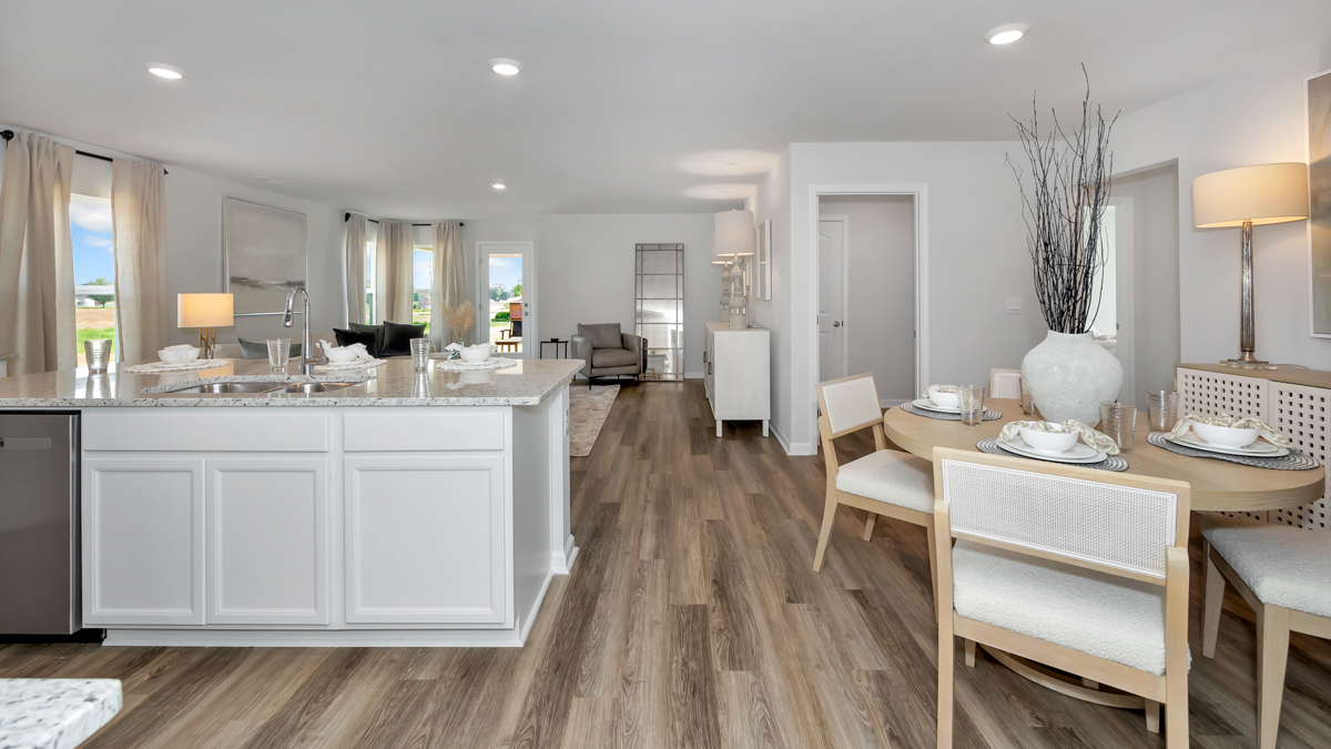 Kitchen island with view of dining / living room area