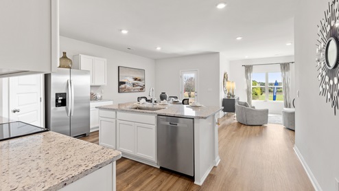Kitchen island with view of dining / living room area