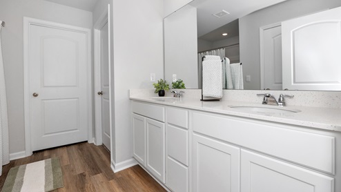 Primary bath with painted cabinets and quartz countertops