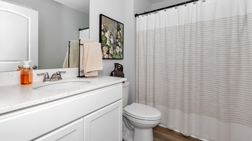 Secondary bathroom with painted cabinets and quartz countertops