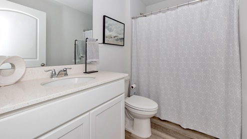 Secondary bathroom with painted cabinets and quartz countertops