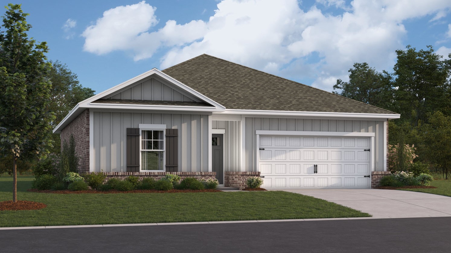 Single story home with hardi and brick and two car garage