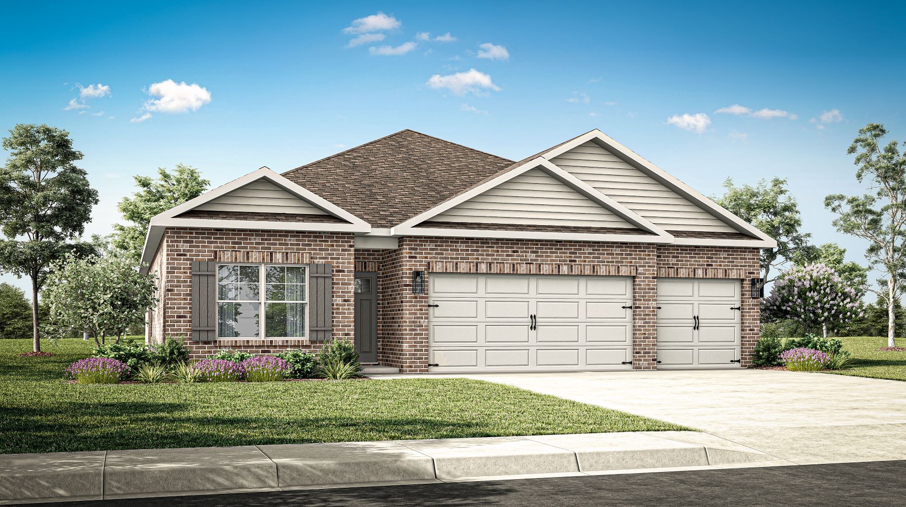 Exterior rendering if single story home with 3 car garage.