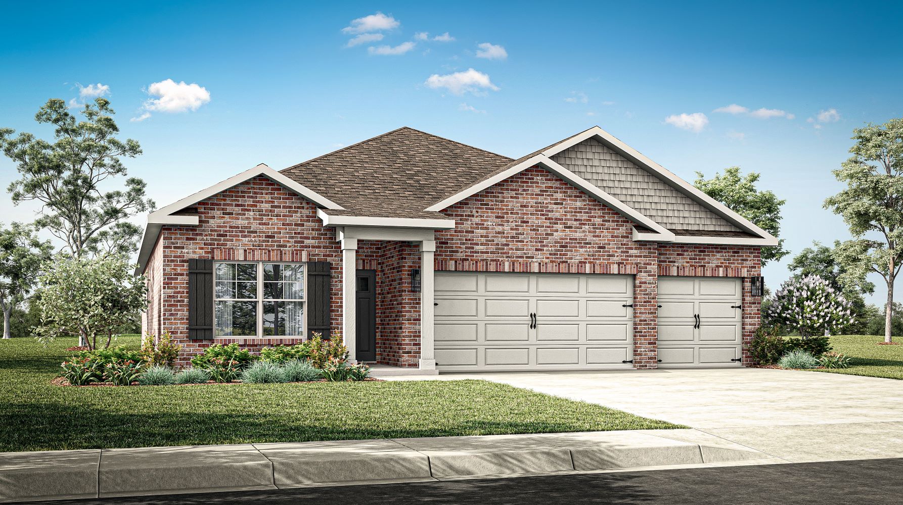 Exterior rendering if single story home with 3 car garage.