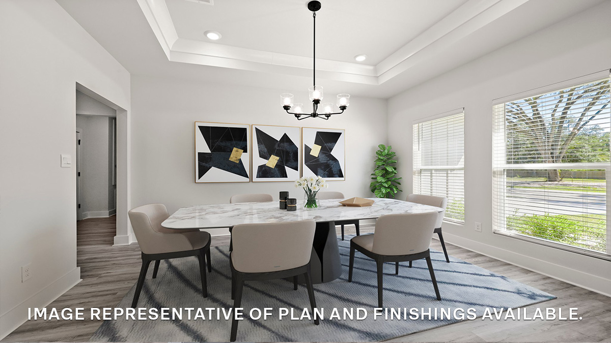 Large dining room space in front of home with vaulted ceilings near office space