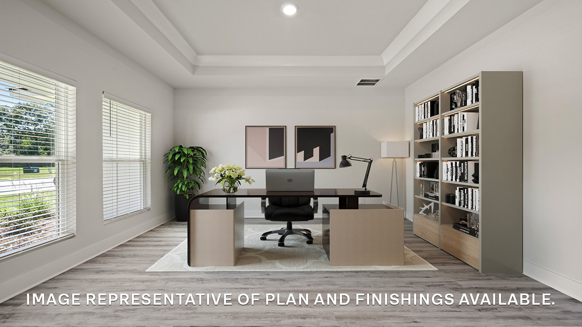 Office space with dual windows and room for multiple bookshelves