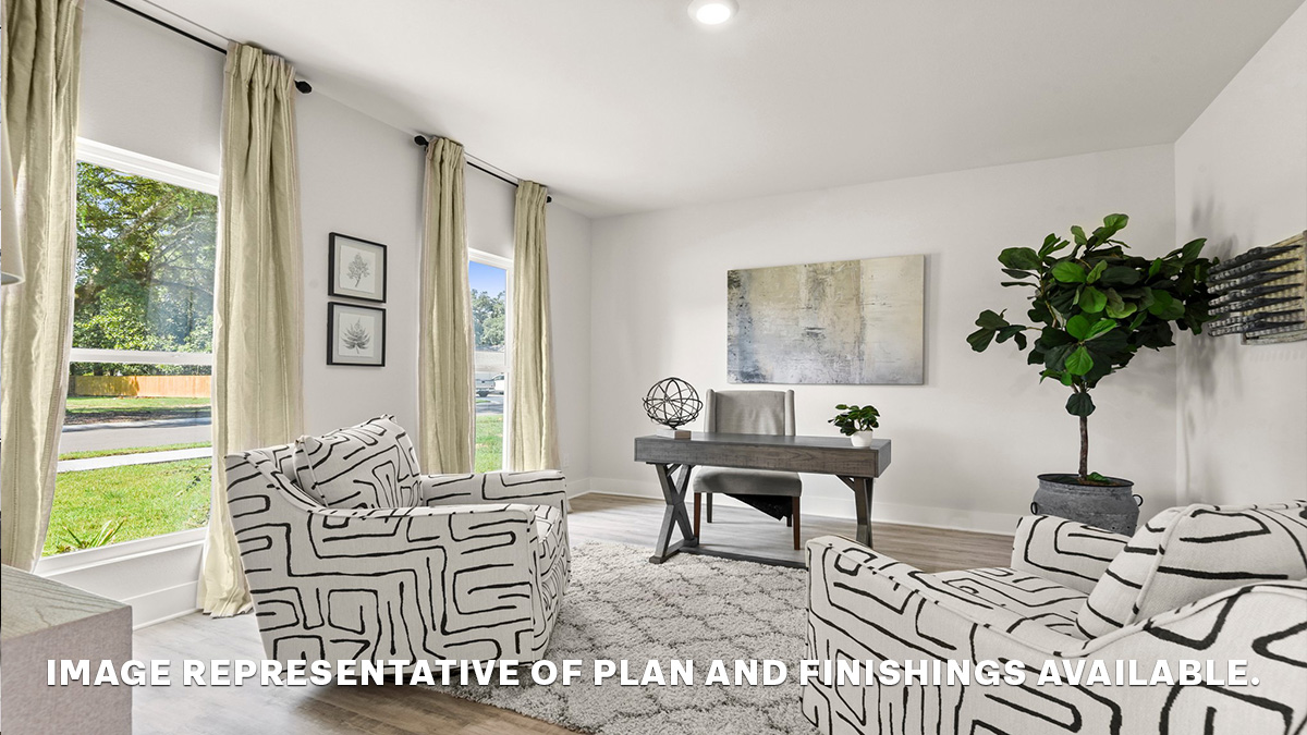 Office space with dual windows and room for multiple bookshelves