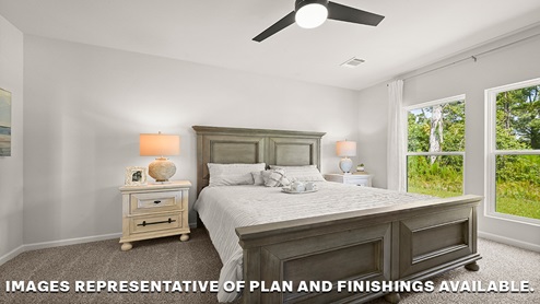 large primary bedroom with dual windows overlooking the backyard