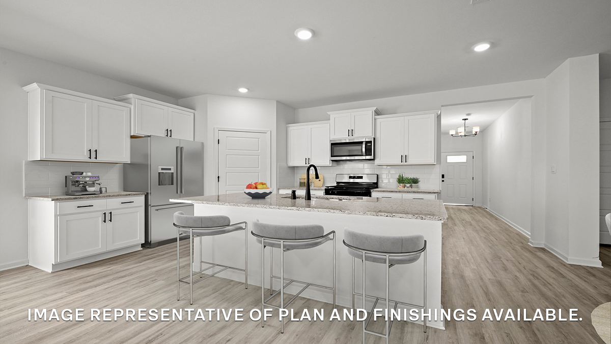 white kitchen island with stools and stainless steel appliances