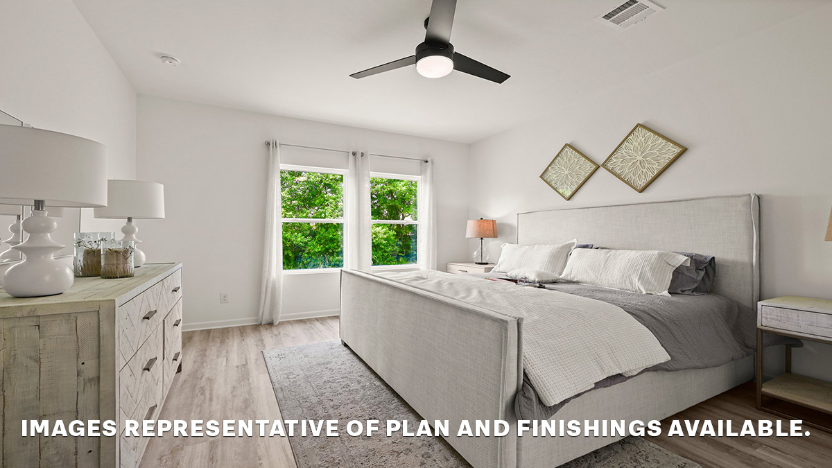 Primary bedroom features ample space, double windows, soft carpet, a stylish walk-in closet, and a private ensuite bath Zachary Trails