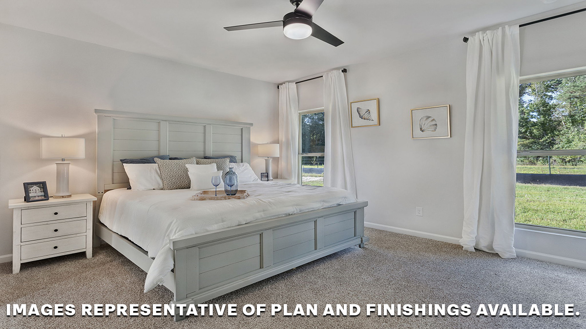 Large primary bedroom with dual windows overlooking the backyard