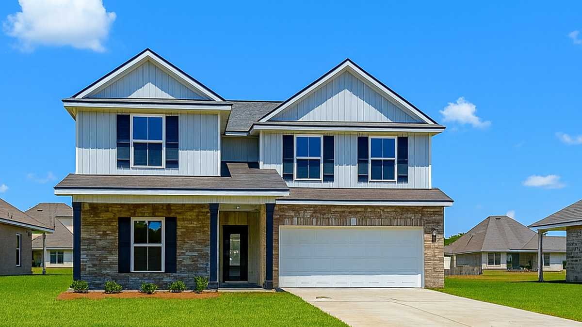 double-story home with tan brick and light gray vinyl siding with porch and black front door and shutters with two-car garage