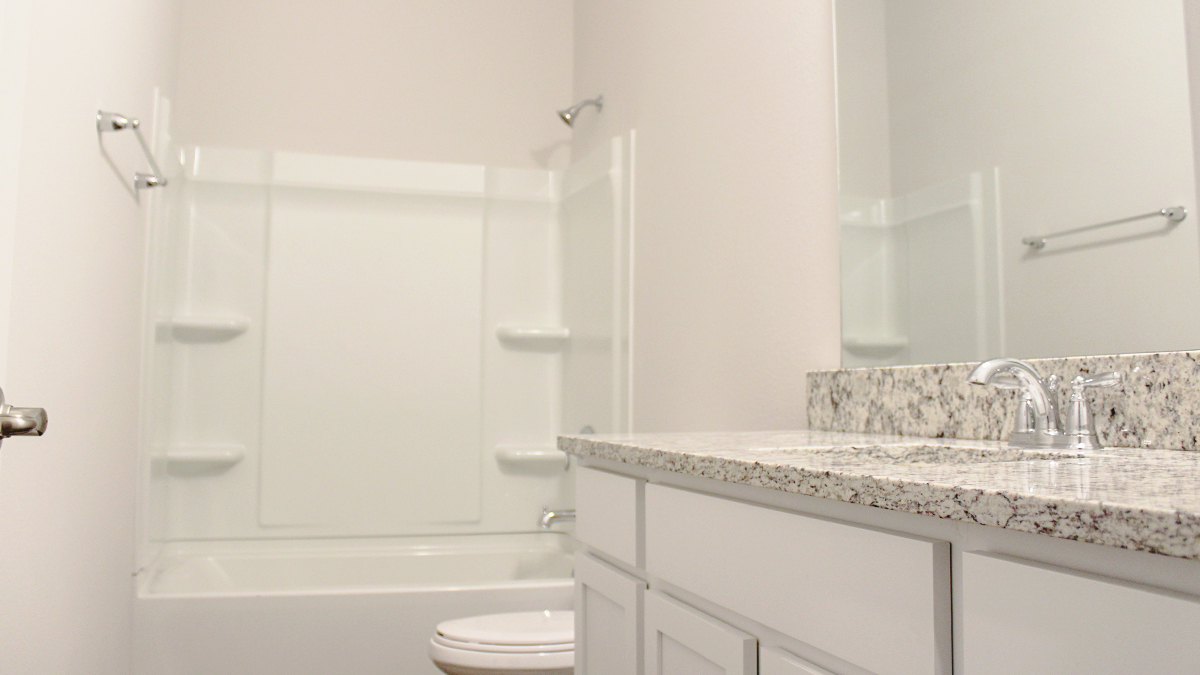 Second guest bathroom with double vanity and toilet and shower tub combo