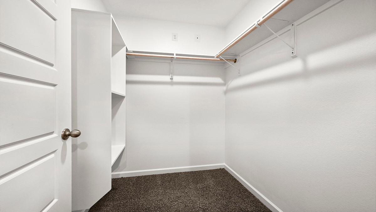 Spacious walk in closet with racks and shelving