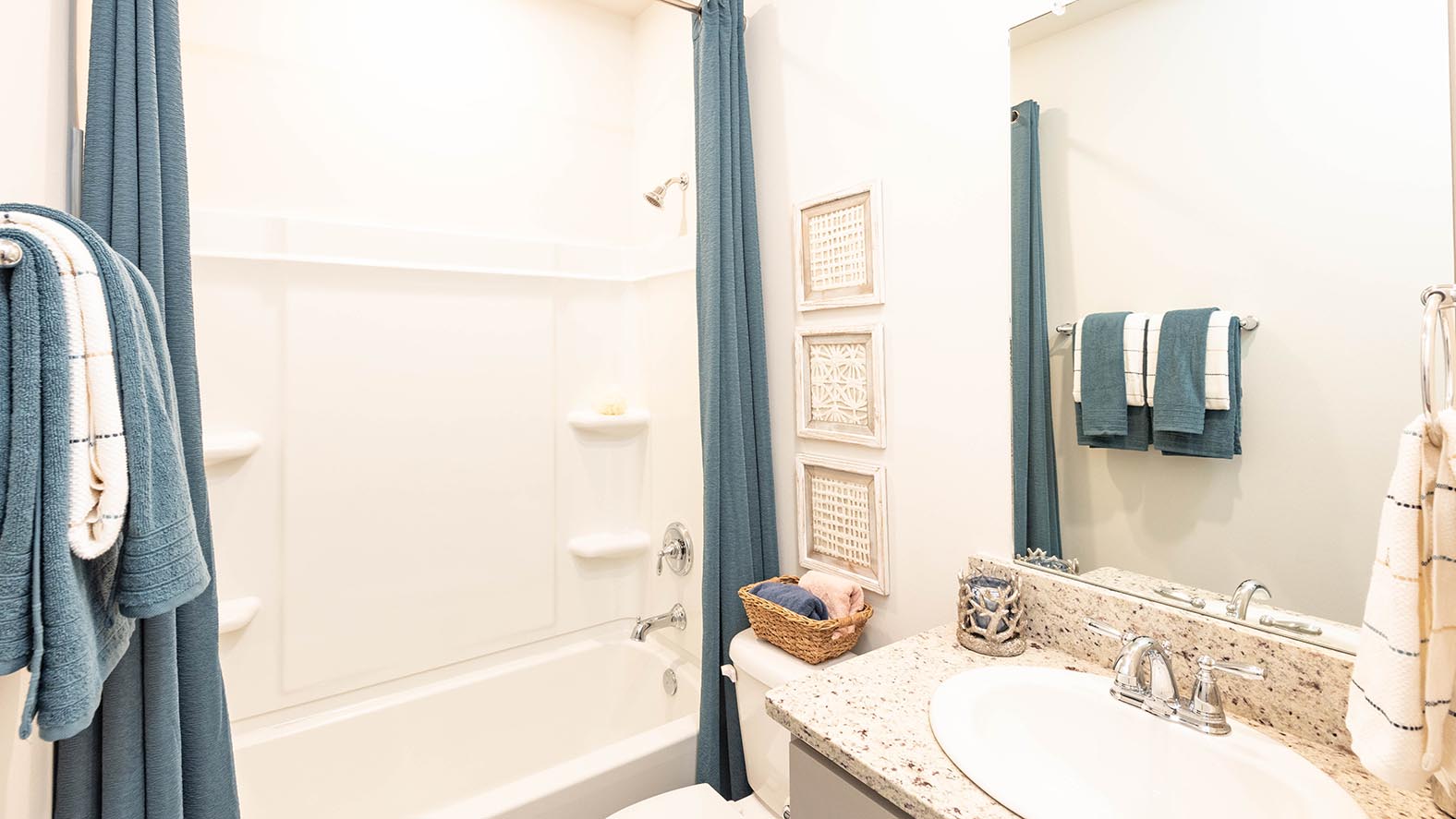 guest bathroom with shower tub combo