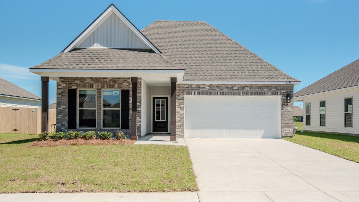 single-story home with gray brick and light gray vinyl with black front door and shutters with porch and two-car garage