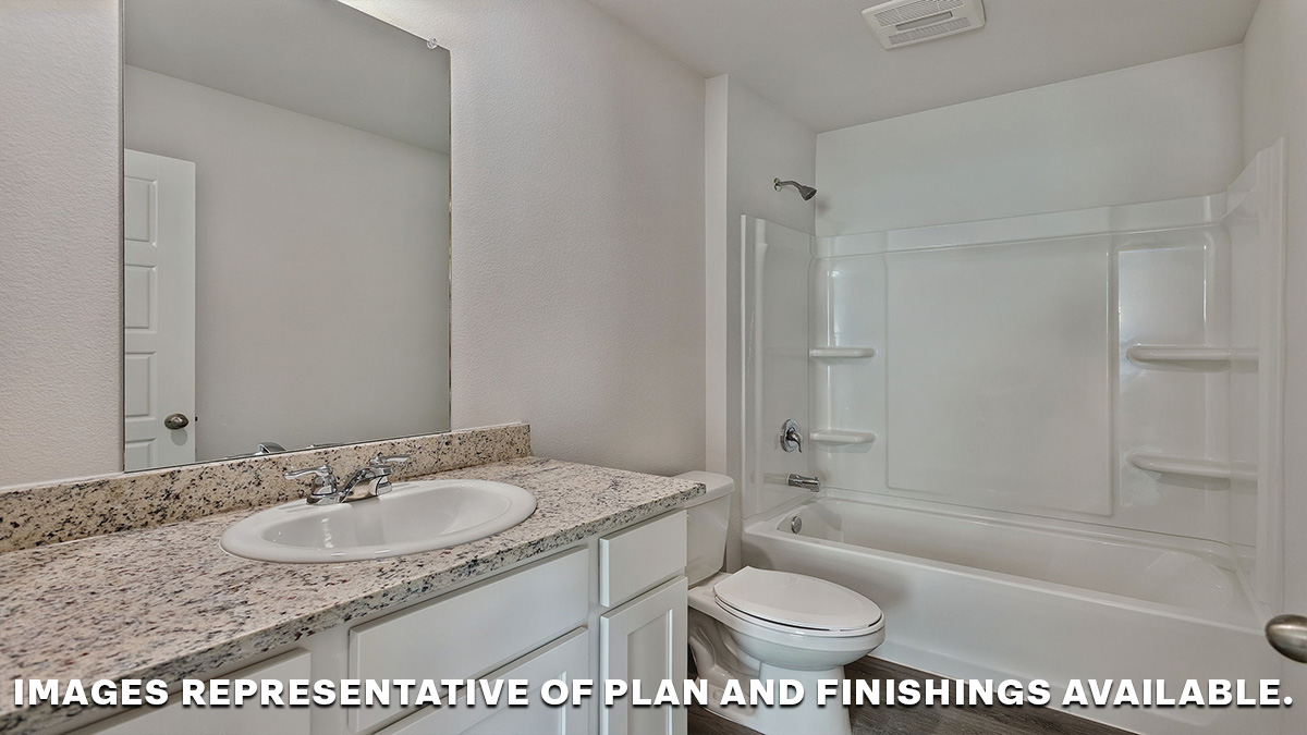 Full bath with single vanity and light gray granite with shower tub combo