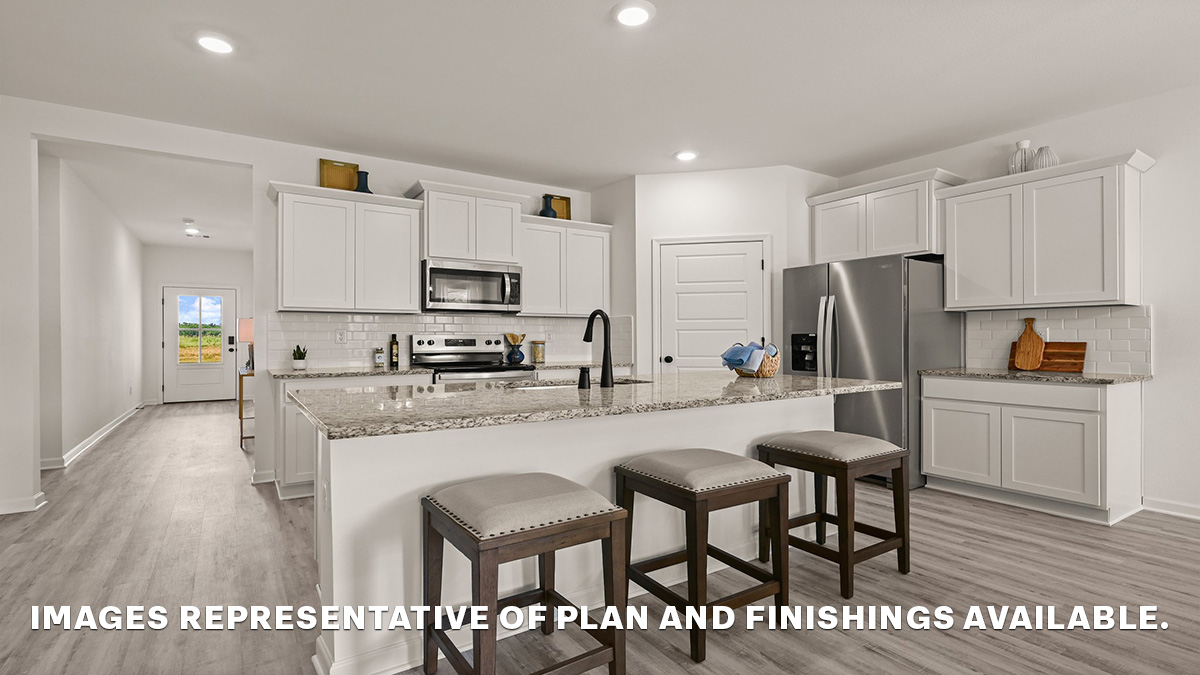 white kitchen island with stainless steel appliances and stools