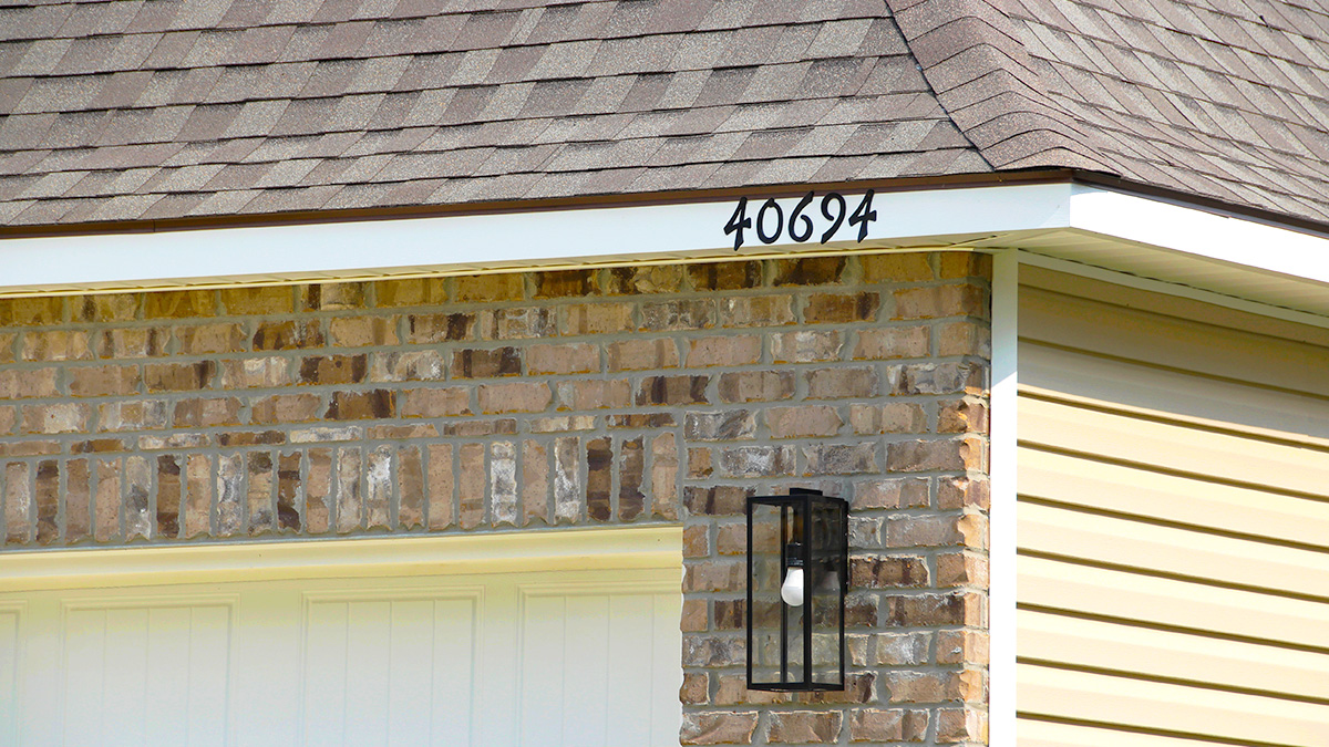 Single-story home with brown brick. Black glass front door with black shutters and white trim.