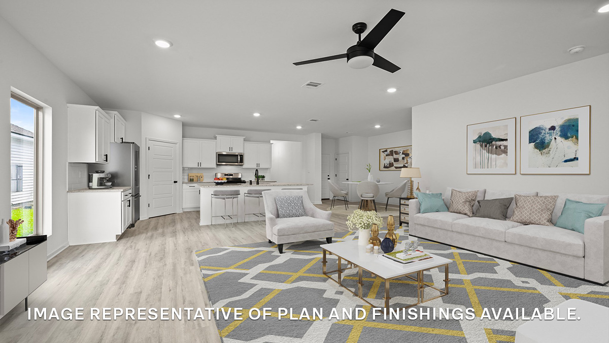 open-concept living room, kitchen and dining space