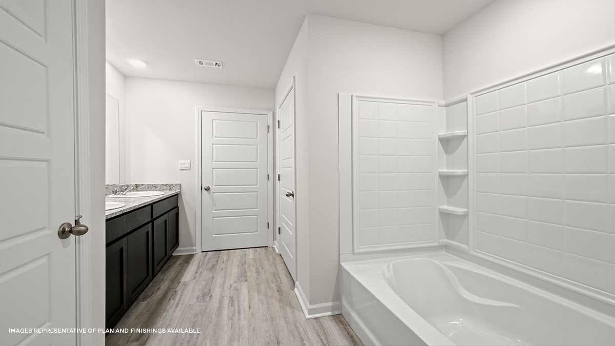 Tub shower combo with dual vanities